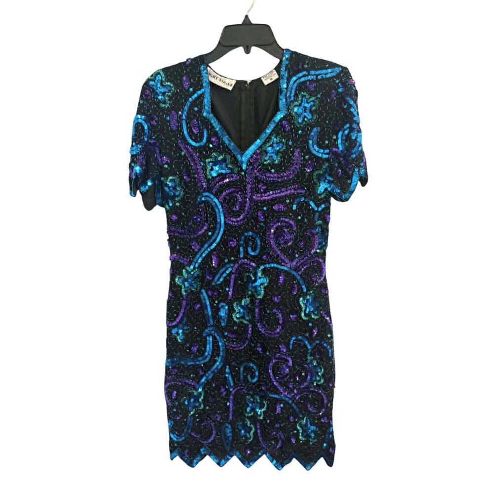 Vintage Night Vogue Sequin Beaded Dress Blue Purple Cocktail 1980s Size M SILK - Picture 2 of 5
